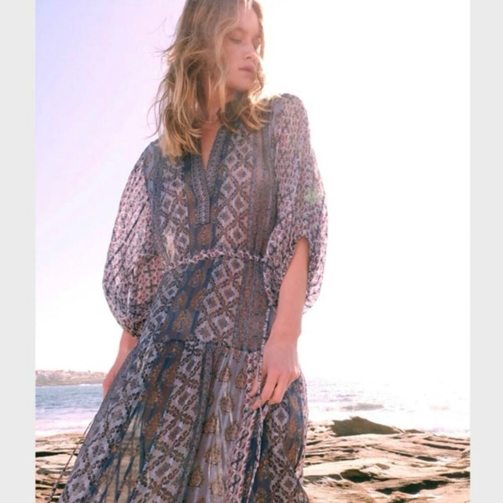 Megan Park Boho Patchwork Dress Balloon Sleeve Sheer Artsy Festival Indie 10